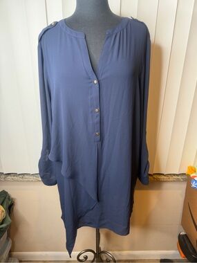 Chico's navy blue long tunic dress layered front design gold-tone buttons SZ3/XL